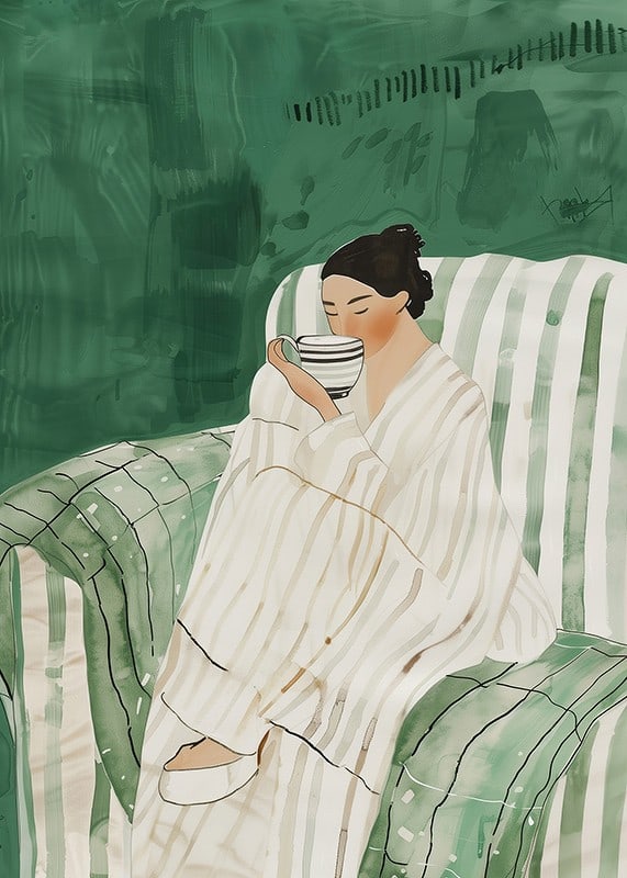 A poster showing a woman in an armchair, wrapped in a bathrobe, enjoying a cup-12