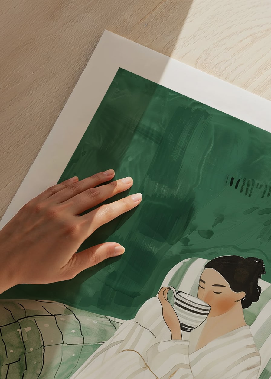 A poster showing a woman in an armchair, wrapped in a bathrobe, enjoying a cup-12
