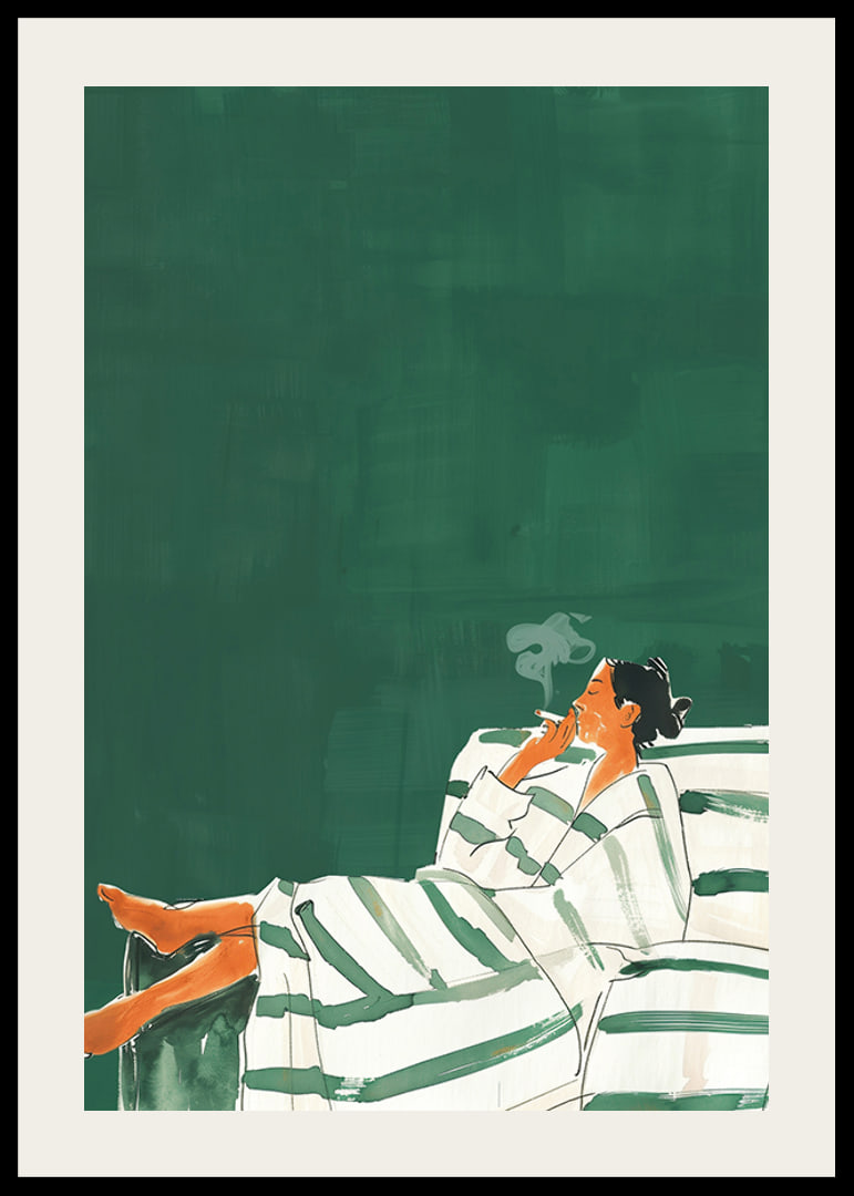 A poster of a relaxed woman on a striped sofa smoking a cigarette-12