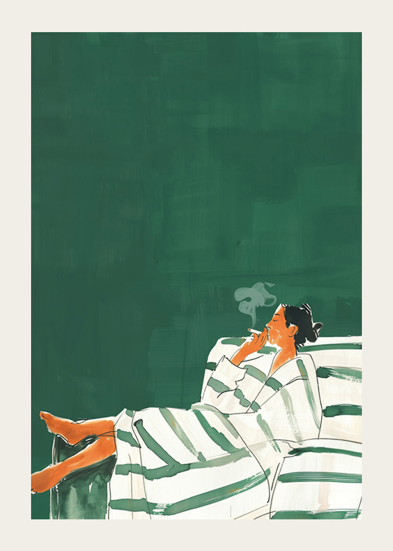 A poster of a relaxed woman on a striped sofa smoking a cigarette-12