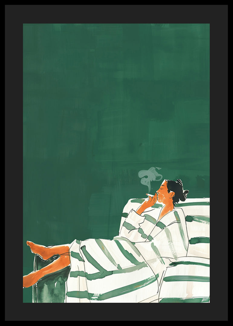 A poster of a relaxed woman on a striped sofa smoking a cigarette-12