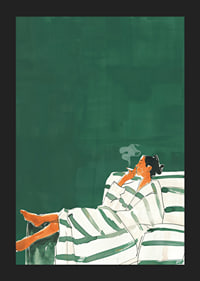 A poster of a relaxed woman on a striped sofa smoking a cigarette-5