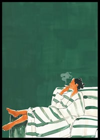 A poster of a relaxed woman on a striped sofa smoking a cigarette-6