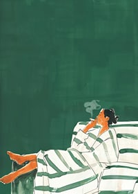 A poster of a relaxed woman on a striped sofa smoking a cigarette-7