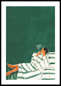 A poster of a relaxed woman on a striped sofa smoking a cigarette-0