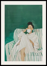 A poster showing a woman in a bathrobe, relaxed on a sofa enjoying a cup-2