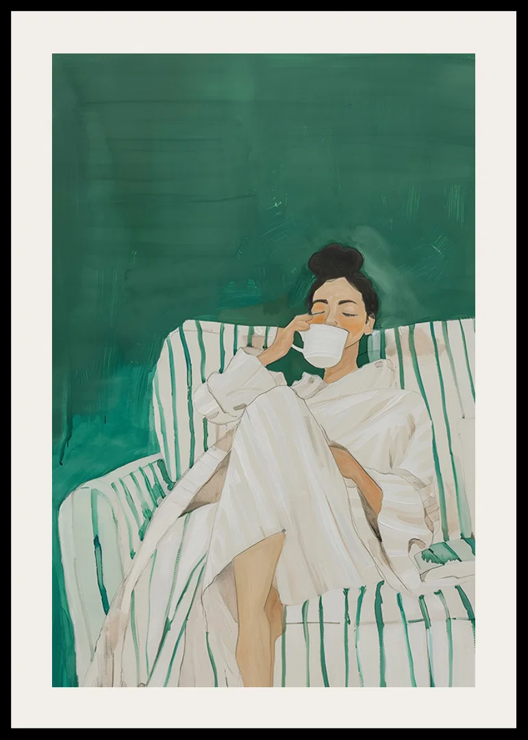 A poster showing a woman in a bathrobe, relaxed on a sofa enjoying a cup-12