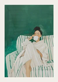 A poster showing a woman in a bathrobe, relaxed on a sofa enjoying a cup-3