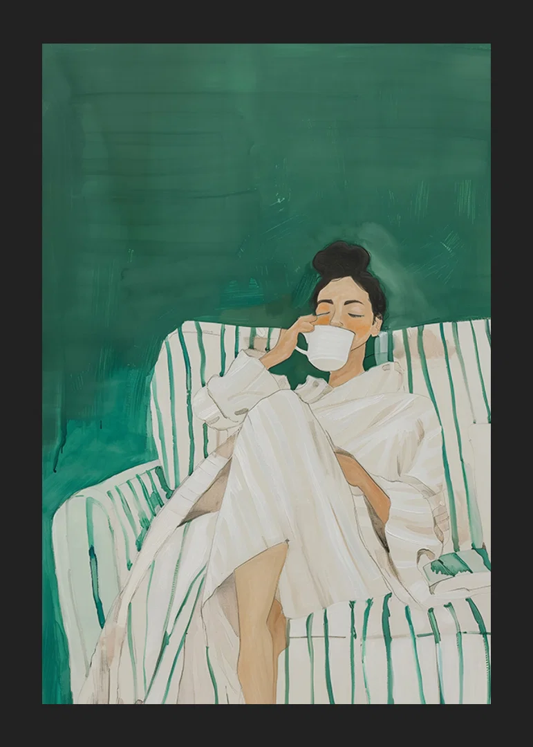 A poster showing a woman in a bathrobe, relaxed on a sofa enjoying a cup-12
