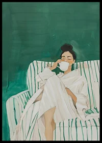 A poster showing a woman in a bathrobe, relaxed on a sofa enjoying a cup-6