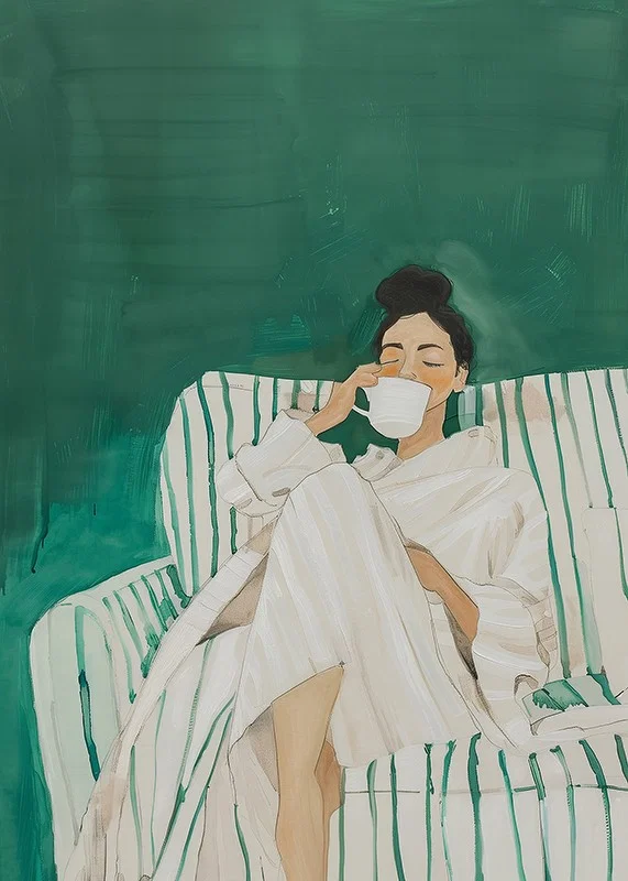A poster showing a woman in a bathrobe, relaxed on a sofa enjoying a cup-12