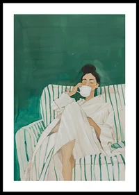 A poster showing a woman in a bathrobe, relaxed on a sofa enjoying a cup-0
