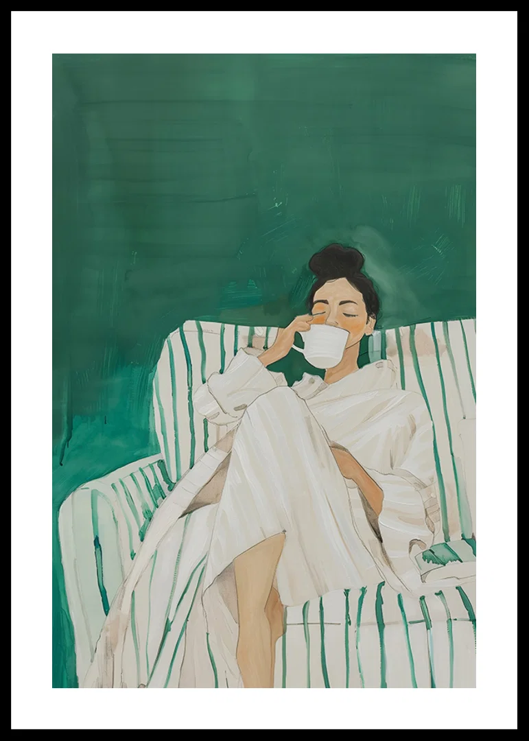 A poster showing a woman in a bathrobe, relaxed on a sofa enjoying a cup-12