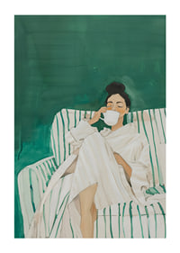 A poster showing a woman in a bathrobe, relaxed on a sofa enjoying a cup-1
