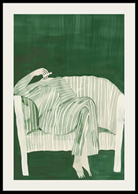A poster of a person in striped clothes matching the sofa-2