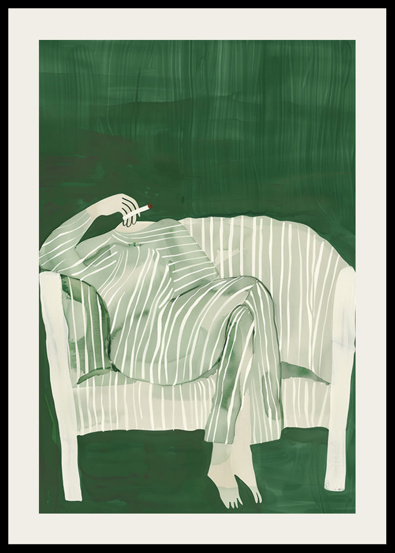 En plakat av en person i stripete klær som matcher sofaen-12