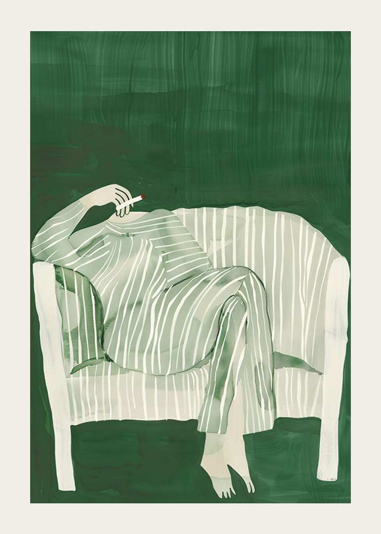 En plakat av en person i stripete klær som matcher sofaen-12