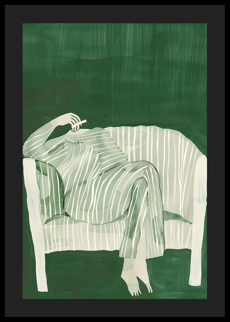 A poster of a person in striped clothes matching the sofa-12