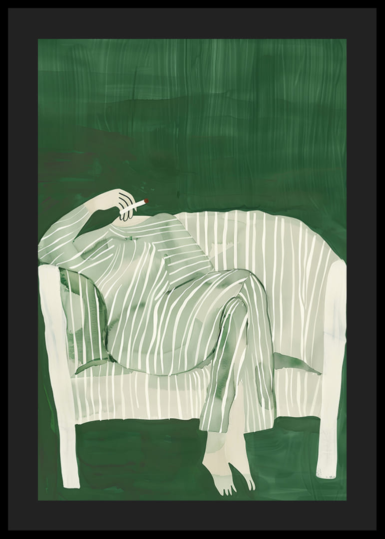 En plakat av en person i stripete klær som matcher sofaen-12