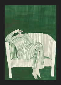 A poster of a person in striped clothes matching the sofa-5