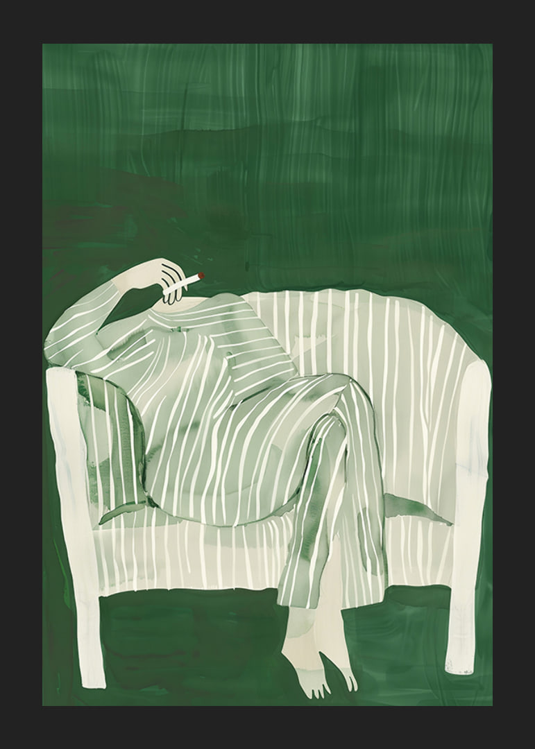 A poster of a person in striped clothes matching the sofa-12