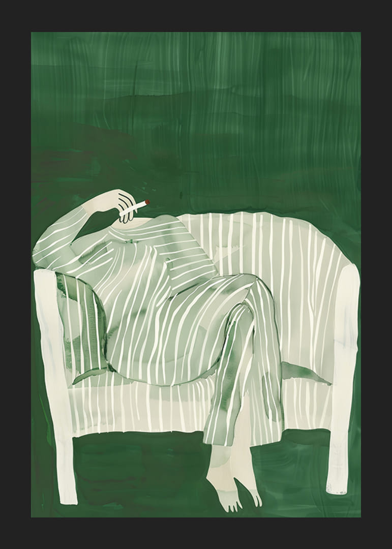 En plakat av en person i stripete klær som matcher sofaen-12