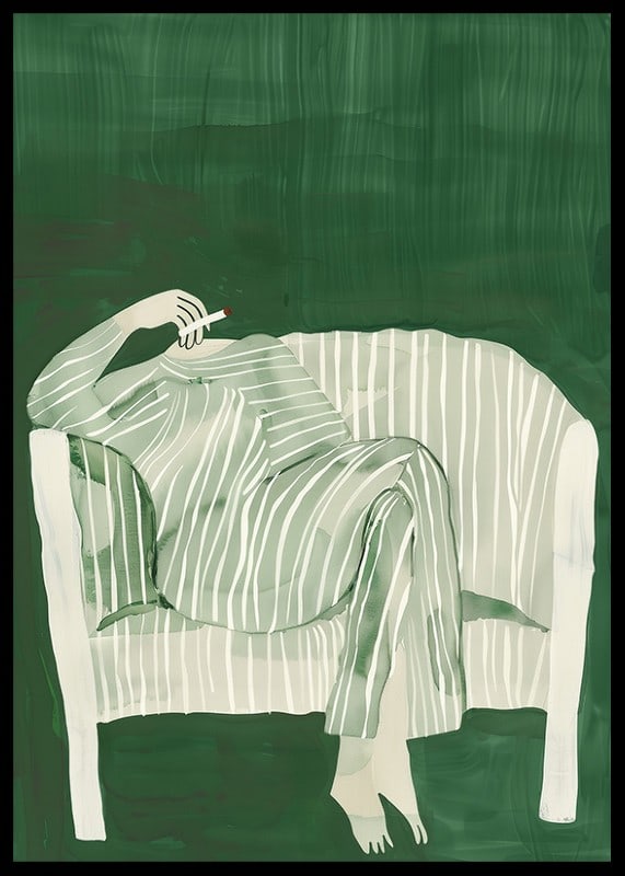 A poster of a person in striped clothes matching the sofa-12