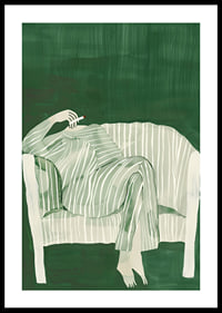 A poster of a person in striped clothes matching the sofa-0