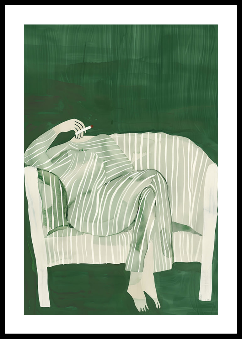 A poster of a person in striped clothes matching the sofa-12