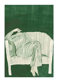 A poster of a person in striped clothes matching the sofa-1