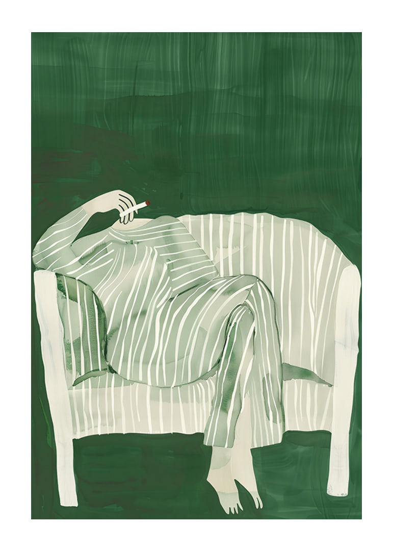 A poster of a person in striped clothes matching the sofa-12