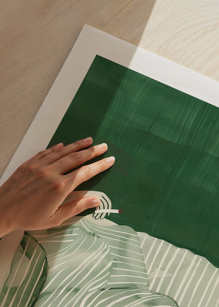 A poster of a person in striped clothes matching the sofa-12