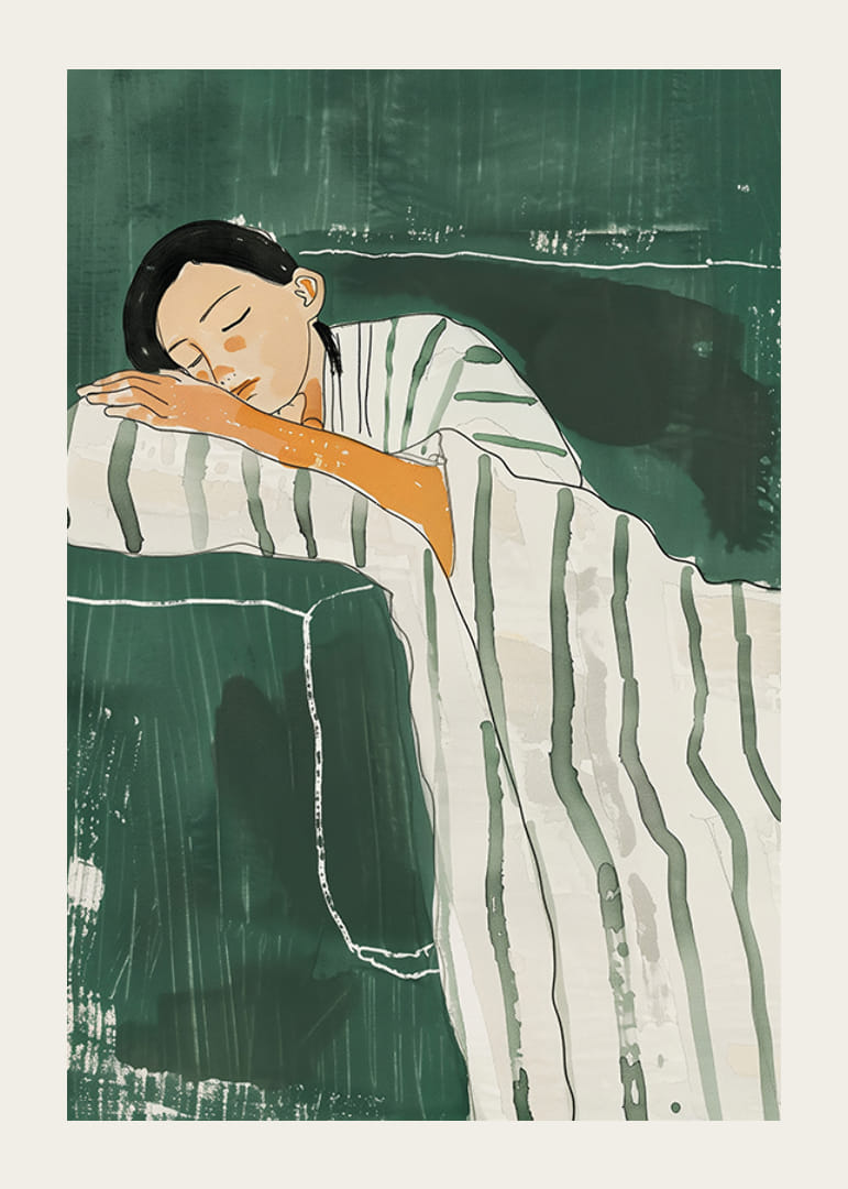 Un poster di una donna in profondo riposo, avvolta in una coperta sul suo divano-12