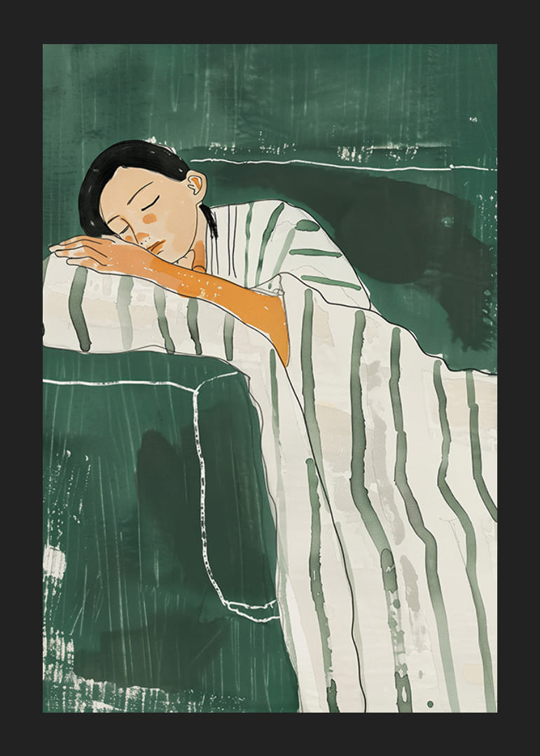 Un poster di una donna in profondo riposo, avvolta in una coperta sul suo divano-12