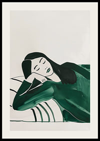 A poster depicting a woman in deep rest, wrapped in soft green tones-2