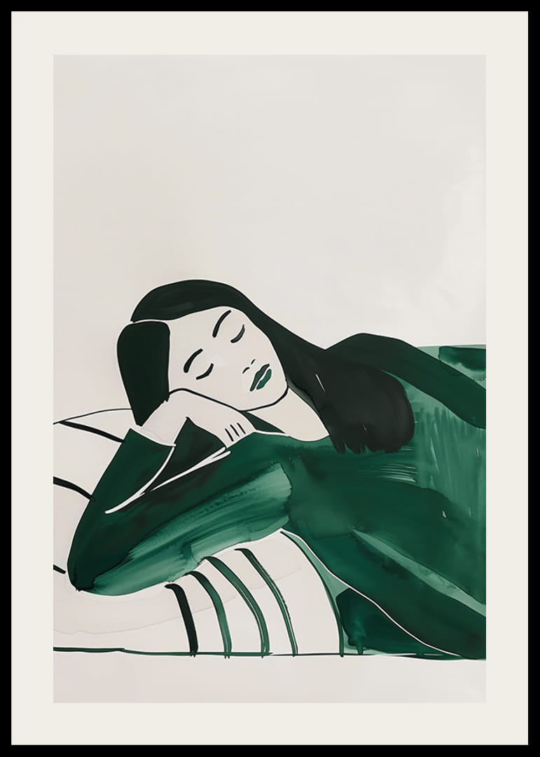 Mélyen pihenő nőt ábrázoló plakát, lágy zöld tónusokba burkolva-12