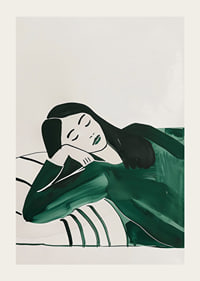 A poster depicting a woman in deep rest, wrapped in soft green tones-3