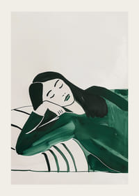 Mélyen pihenő nőt ábrázoló plakát, lágy zöld tónusokba burkolva-3