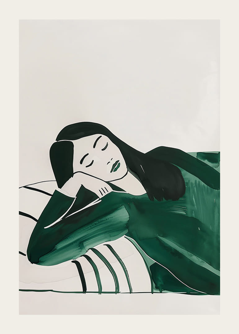 Mélyen pihenő nőt ábrázoló plakát, lágy zöld tónusokba burkolva-12