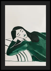 Mélyen pihenő nőt ábrázoló plakát, lágy zöld tónusokba burkolva-4