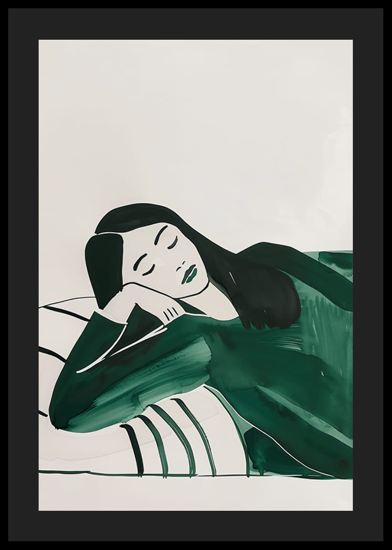 Mélyen pihenő nőt ábrázoló plakát, lágy zöld tónusokba burkolva-12