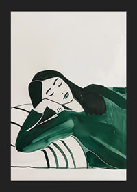A poster depicting a woman in deep rest, wrapped in soft green tones-5