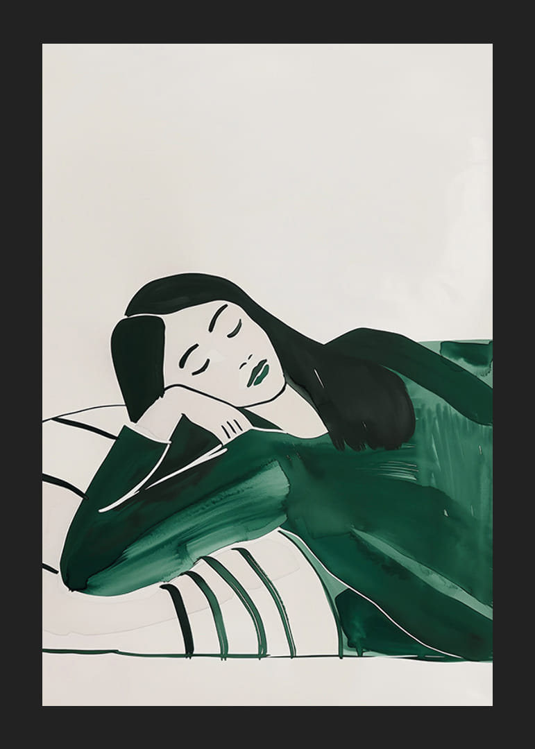 Mélyen pihenő nőt ábrázoló plakát, lágy zöld tónusokba burkolva-12