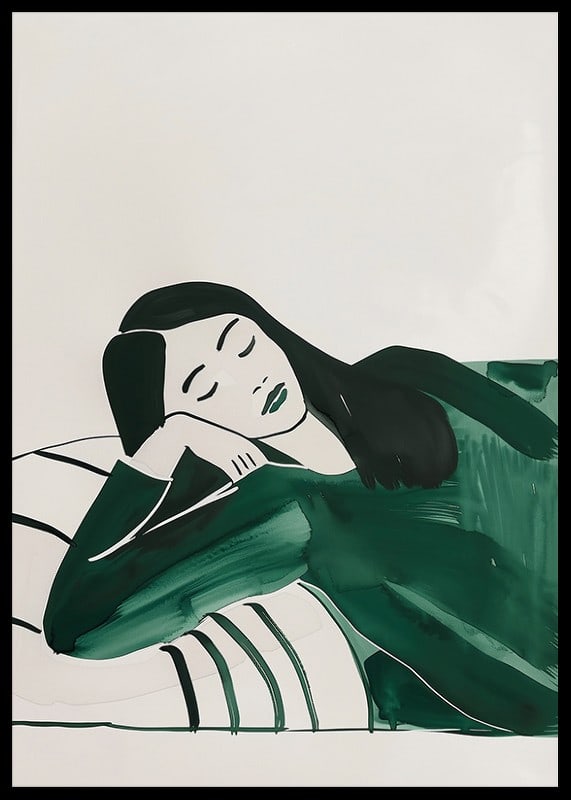 A poster depicting a woman in deep rest, wrapped in soft green tones-12
