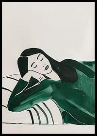 A poster depicting a woman in deep rest, wrapped in soft green tones-2