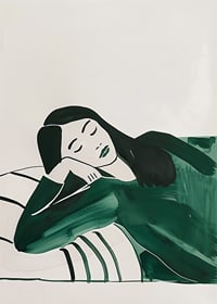 A poster depicting a woman in deep rest, wrapped in soft green tones-7