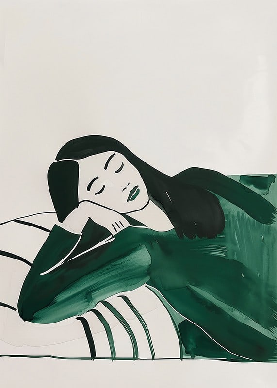 A poster depicting a woman in deep rest, wrapped in soft green tones-12
