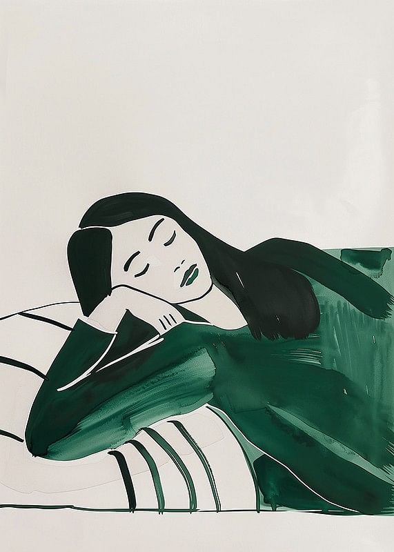 A poster depicting a woman in deep rest, wrapped in soft green tones-12