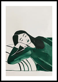 A poster depicting a woman in deep rest, wrapped in soft green tones-0