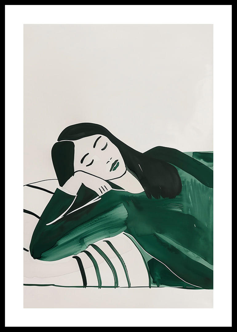 A poster depicting a woman in deep rest, wrapped in soft green tones-12